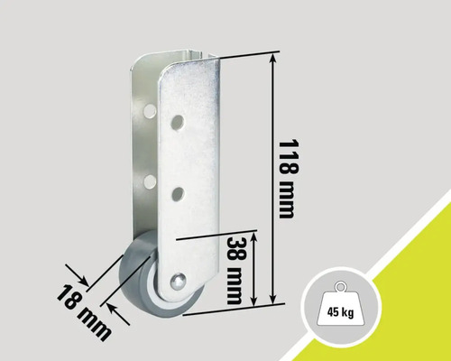 Nábytkové kolečko s rozměry 118 mm výška, 38 mm hloubka a 18 mm průměr kola, nosnost 45 kg