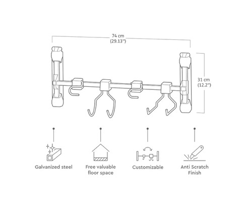 Nástěnná šatní skříň z pozinkované oceli, 74 x 31 cm, s ochranou proti poškrábání a variabilními háčky pro využití podlahové plochy