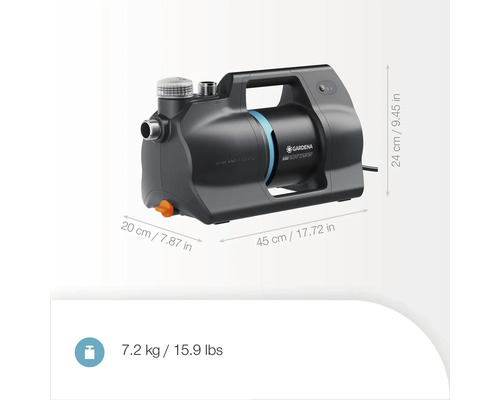 Domácí vodárna Gardena 5000 SilentComfort o rozměrech 20 x 45 x 24 cm