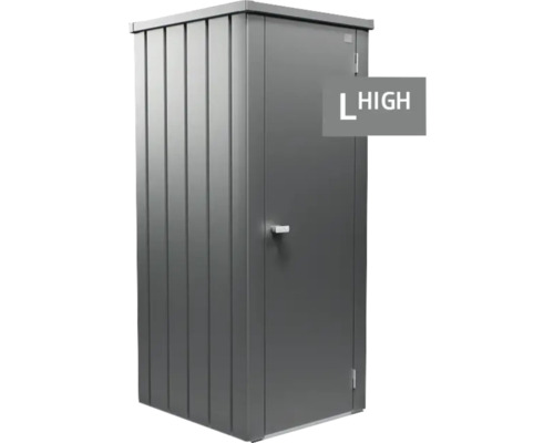 Kovová zahradní skříň ve vysokém provedení pro venkovní použití.