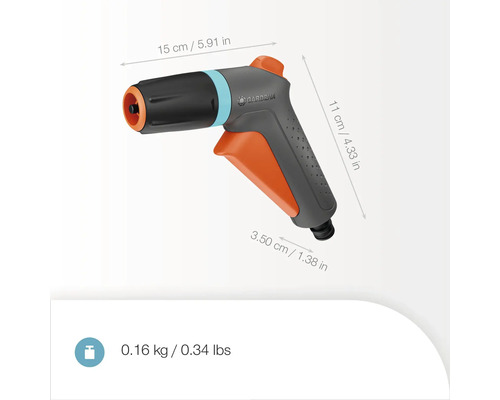 Zahradní stříkací pistole s rozměry a hmotností