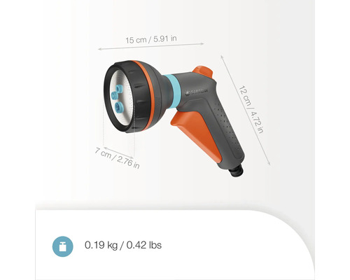 Zahradní sprcha o rozměrech 15 x 7 x 12 cm a hmotnosti 0,19 kg