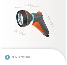Zahradní sprcha o rozměrech 12 x 7 x 15 centimetrů a logem Gardena
