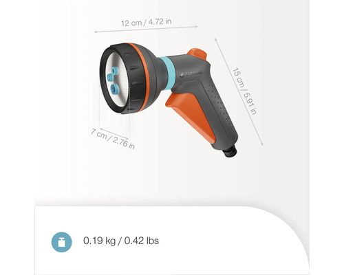 Zahradní sprcha o rozměrech 12 x 7 x 15 centimetrů a logem Gardena