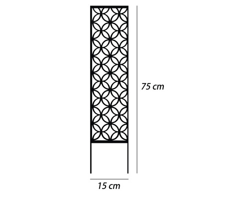 Dekorativní zahradní prvek s kruhovým vzorem o rozměrech 75 cm na výšku a 15 cm na šířku.