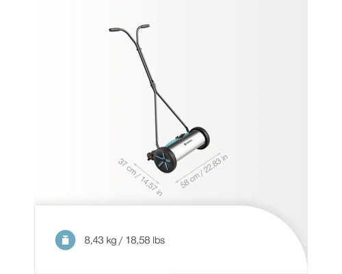 Ruční sekačka Gardena o rozměrech 37 x 58 cm a hmotnosti 8,43 kg