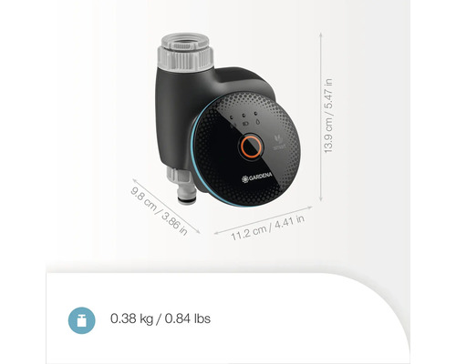 Chytré ovládání zavlažování Gardena s rozměry a hmotností.