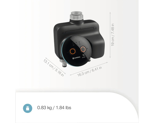 Rozdělovač vody Gardena Smart s rozměry