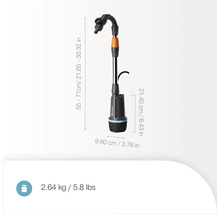 Čerpadlo do sudu na dešťovou vodu Gardena o rozměrech 55 až 77 centimetrů na výšku, 9,60 centimetrů na šířku a 21,40 centimetrů do hloubky. Hmotnost: 2,64 kilogramů.