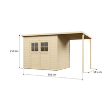 Dřevěný zahradní domek s dvoukřídlými dveřmi, okny a bočním přístřeškem s rozměry