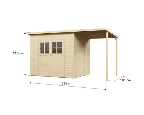 Dřevěný zahradní domek s dvoukřídlými dveřmi, okny a bočním přístřeškem s rozměry