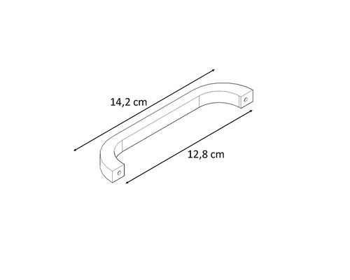 Nákres nábytkové úchytky o rozměrech 14,2 cm a 12,8 cm