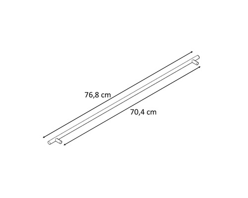 Schématické znázornění sprchové tyče o rozměrech 76,8 cm a 70,4 cm.