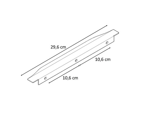 Technický nákres kovového profilu o délce 29,6 centimetrů a šířce 10,6 centimetrů