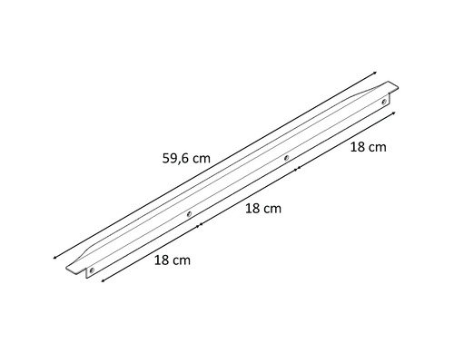 Nákres 59,6 cm dlouhého profilu s otvory a délkou 18 cm na obou koncích.