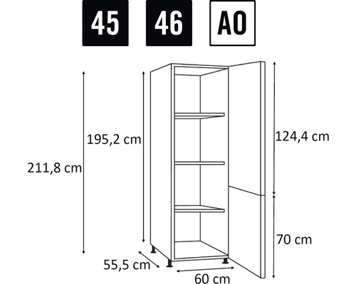 Technický nákres kuchyňské skříňky s rozměry