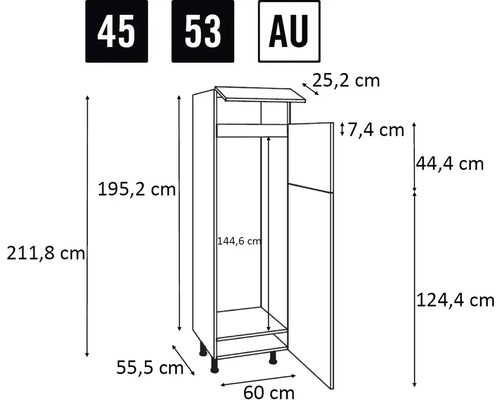 Technický výkres kuchyňské skříňky s rozměry