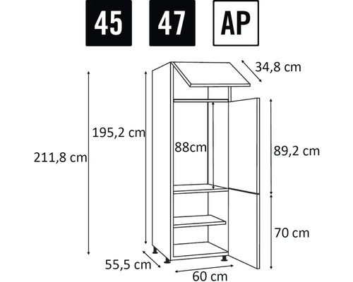 Technický nákres kuchyňské skříňky s rozměry
