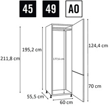 Rozměry skříně znázorněné jako čárový nákres.
