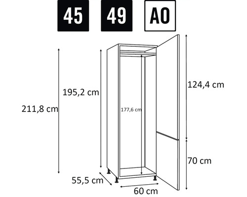 Rozměry skříně znázorněné jako čárový nákres.