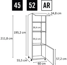 Rozměrový nákres kuchyňské skříňky s údaji o výšce, šířce a hloubce