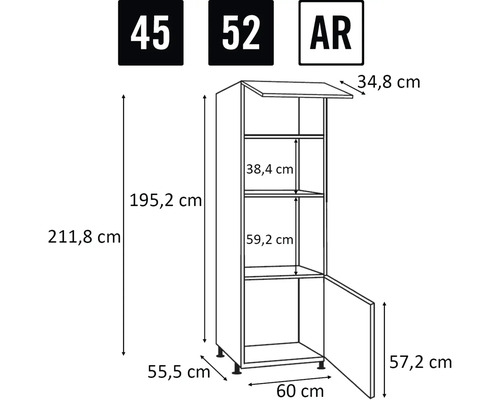Rozměrový nákres kuchyňské skříňky s údaji o výšce, šířce a hloubce