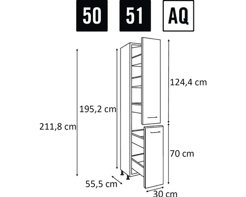 Technický nákres skříně s rozměry.