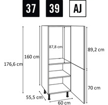 Technický nákres vysoké kuchyňské skříně s rozměry