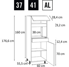 Technický nákres kuchyňské skříňky s rozměry