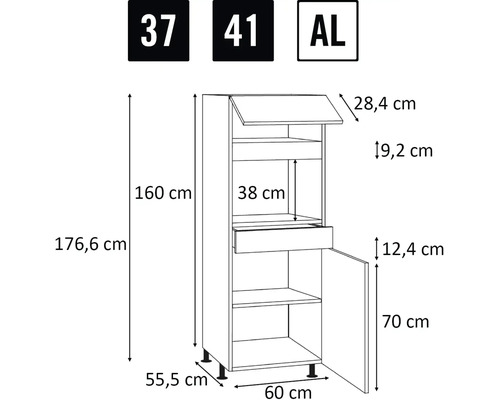 Technický nákres kuchyňské skříňky s rozměry