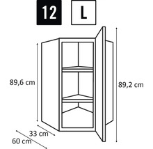 Technický nákres rohové závěsné skříňky s rozměry.