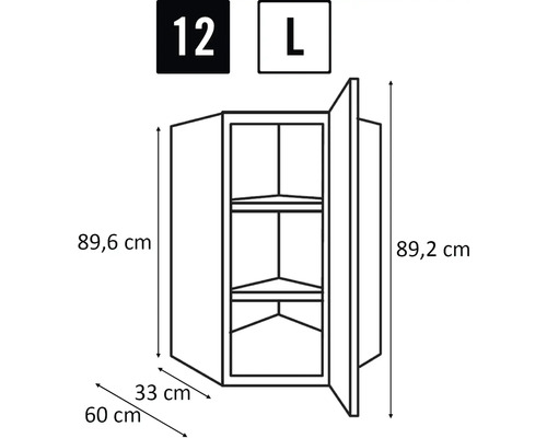 Technický nákres rohové závěsné skříňky s rozměry.