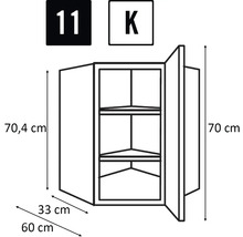 Nákres rohové závěsné skříňky s rozměry.