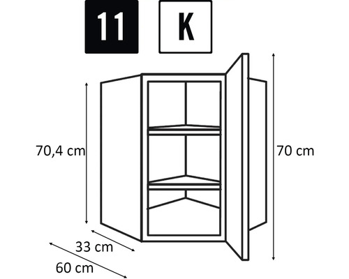Nákres rohové závěsné skříňky s rozměry.
