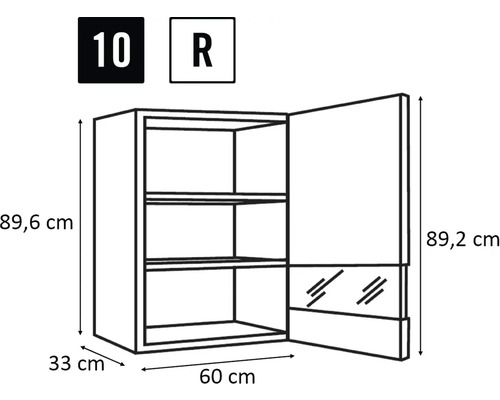 Nákres nástěnné skříňky o rozměrech 89,6 x 60 x 33 cm