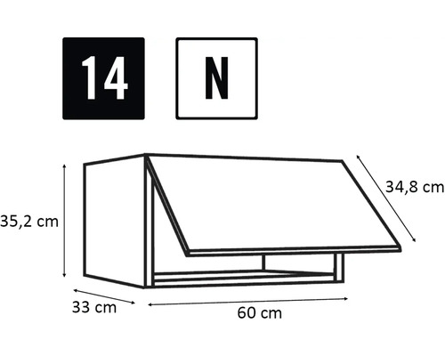 Technický nákres závěsné skříňky s rozměry
