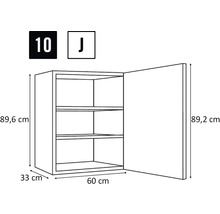 Nákres otevřené nástěnné skříňky se třemi policemi a rozměry