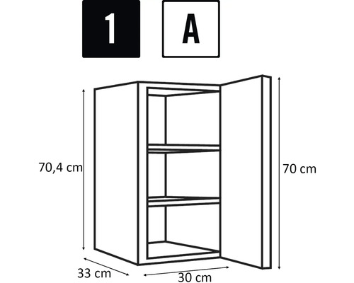 Obrázek závěsné skříňky s rozměry.