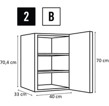 Technický nákres závěsné skříňky s dvířky a vnitřními policemi, rozměry jsou uvedeny