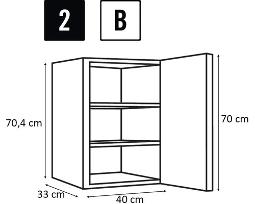 Technický nákres závěsné skříňky s dvířky a vnitřními policemi, rozměry jsou uvedeny