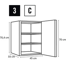 Nákres nástěnné skříňky se třemi policemi a rozměry