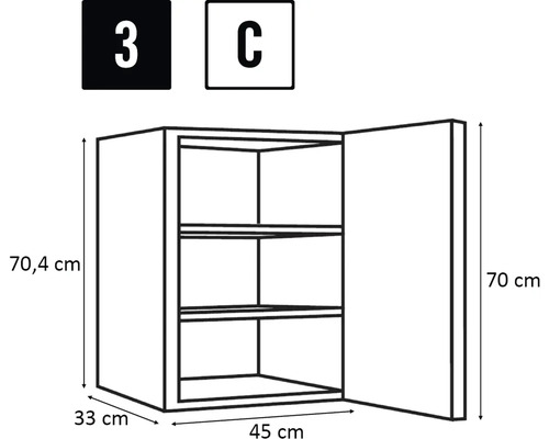 Nákres nástěnné skříňky se třemi policemi a rozměry