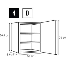 Nákres závěsné skříňky o rozměrech 70,4 cm výška, 33 cm hloubka a 50 cm šířka.