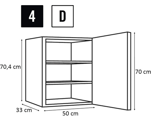 Nákres závěsné skříňky o rozměrech 70,4 cm výška, 33 cm hloubka a 50 cm šířka.