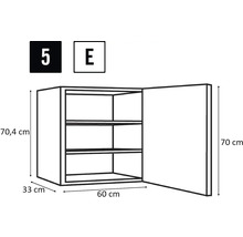 Technický nákres závěsné kuchyňské skříňky se třemi policemi a rozměry 70,4 cm výška, 33 cm hloubka a 60 cm šířka.