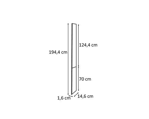 Technický nákres panelu o rozměrech 194,4 cm na výšku, 14,6 cm na šířku a 1,6 cm do hloubky