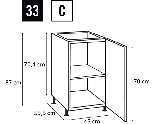 Nákres skříňky pod umyvadlo o rozměrech 87 x 45 x 55,5 cm.