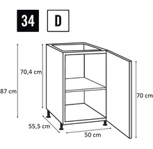 Ilustrace spodní kuchyňské skříňky o rozměrech 87 cm výška, 50 cm šířka a 55,5 cm hloubka