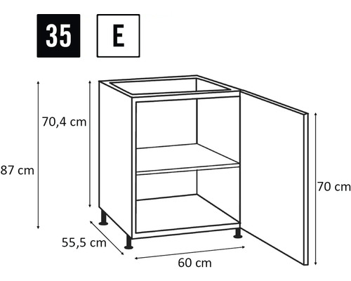 Nákres spodní kuchyňské skříňky s rozměry