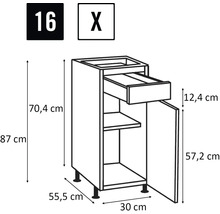 Nákres spodní skříňky se zásuvkou, dvířky, policí a rozměry